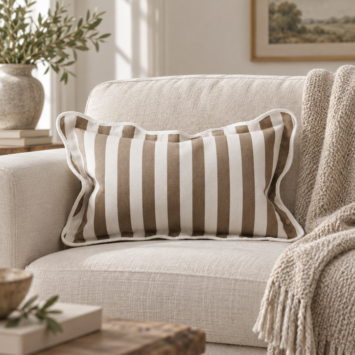 Chloe Brown Rectangle Stripe Scalloped Cushion Cover — styled view 3