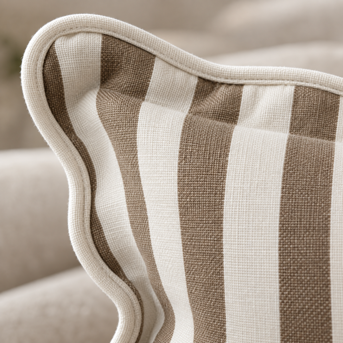 Chloe Brown Rectangle Stripe Scalloped Cushion Cover — fabric detail 1