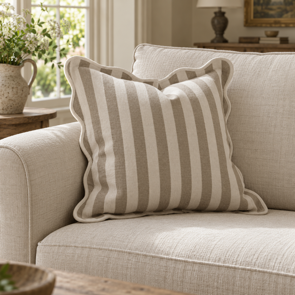 Chloe Beige Square Stripe Scalloped Cushion Cover — styled view 1
