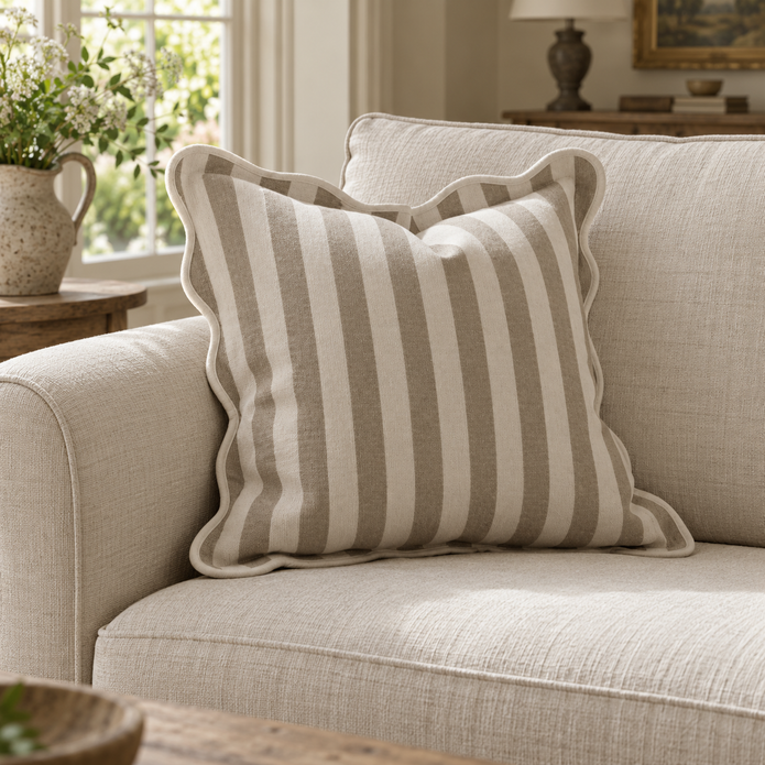 Chloe Beige Square Stripe Scalloped Cushion Cover — styled view 1