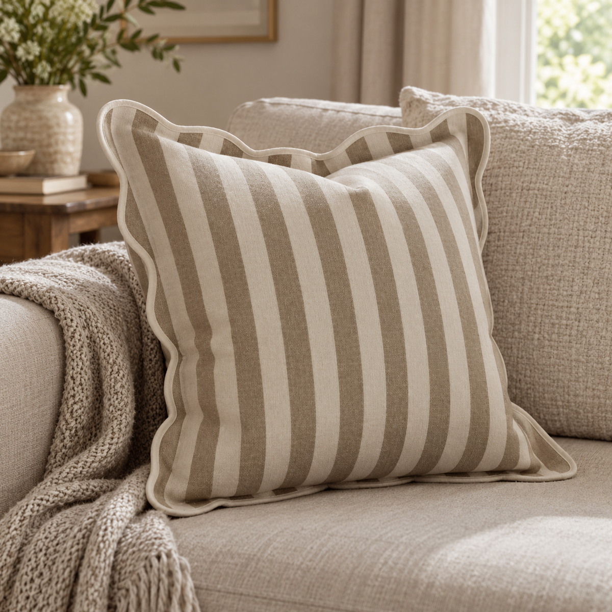 Chloe Beige Square Stripe Scalloped Cushion Cover — styled view 2