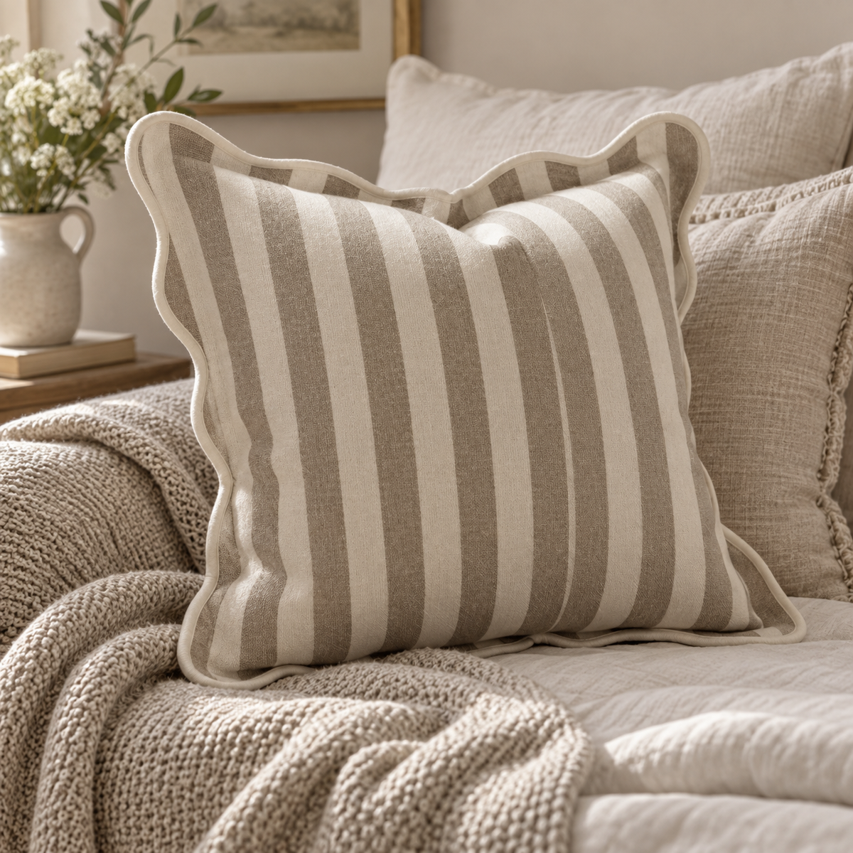 Chloe Beige Square Stripe Scalloped Cushion Cover — styled view 3