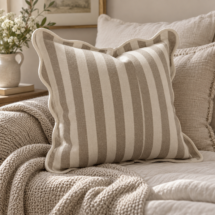 Chloe Beige Square Stripe Scalloped Cushion Cover — styled view 3