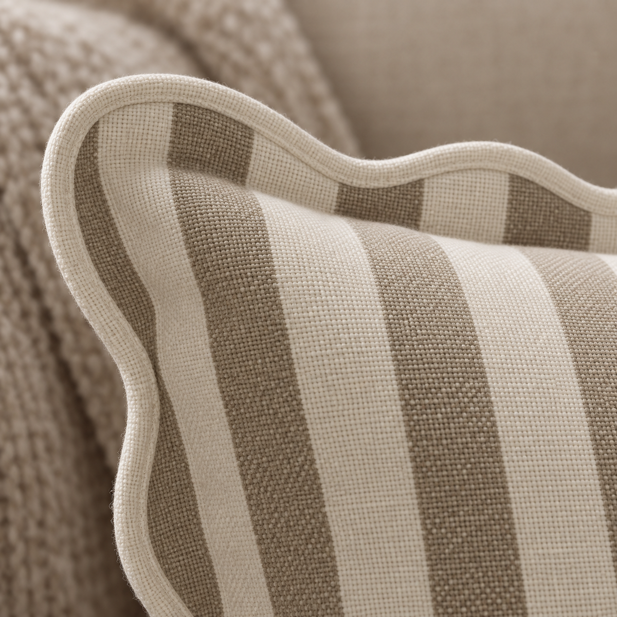 Chloe Beige Square Stripe Scalloped Cushion Cover — fabric detail 1