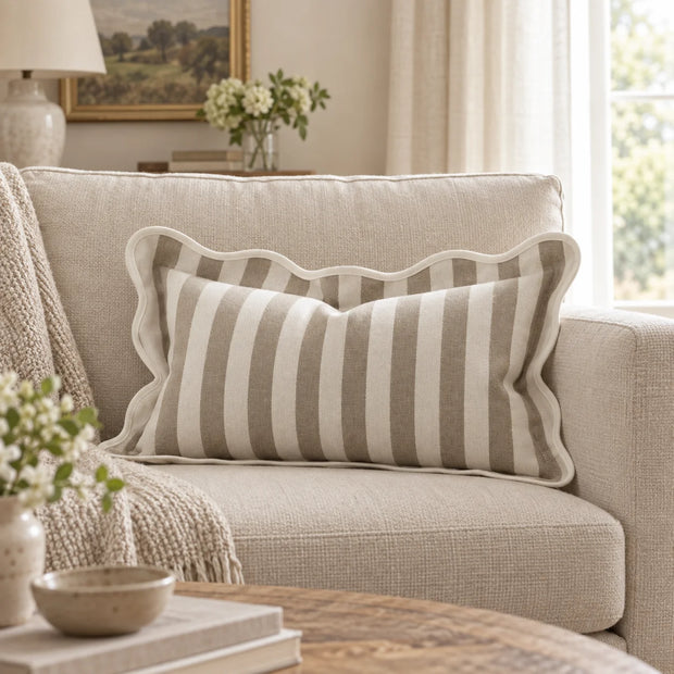 Chloe Beige Rectangle Stripe Scalloped Cushion Cover — styled view 1