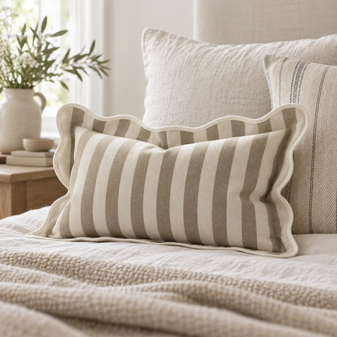Chloe Beige Rectangle Stripe Scalloped Cushion Cover — styled view 3