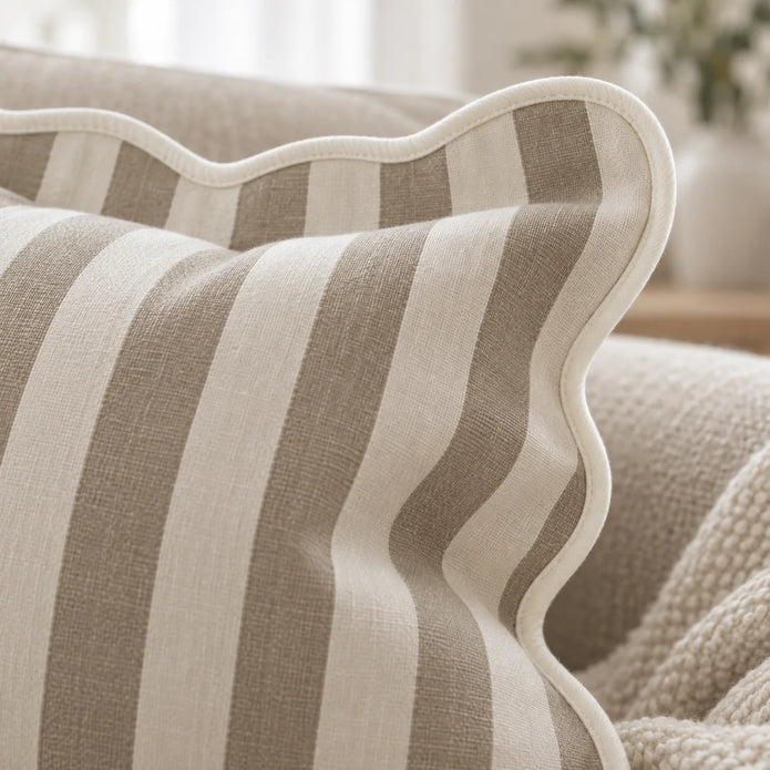 Chloe Beige Rectangle Stripe Scalloped Cushion Cover — fabric detail 4