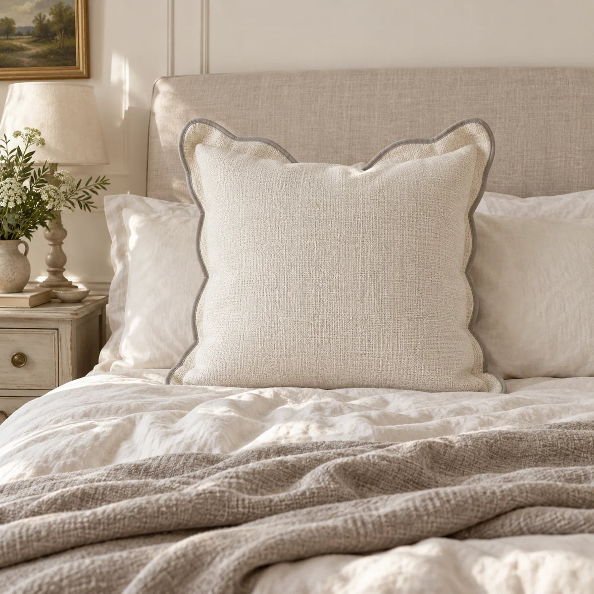 Chloe cream and greige 65 × 65 cm extra large bed cushion cover – styled on a bed, view 1