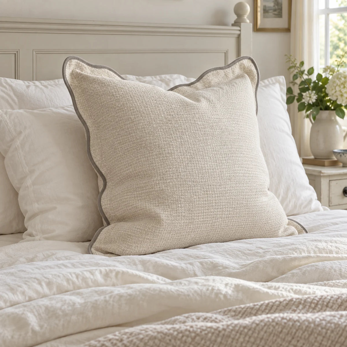 Chloe cream and greige 65 × 65 cm extra large bed cushion cover – styled on a bed, view 3