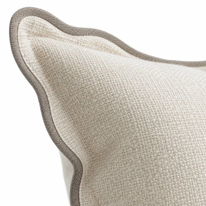 Chloe cream and greige 65 × 65 cm extra large bed cushion cover – fabric and scalloped trim close-up 1