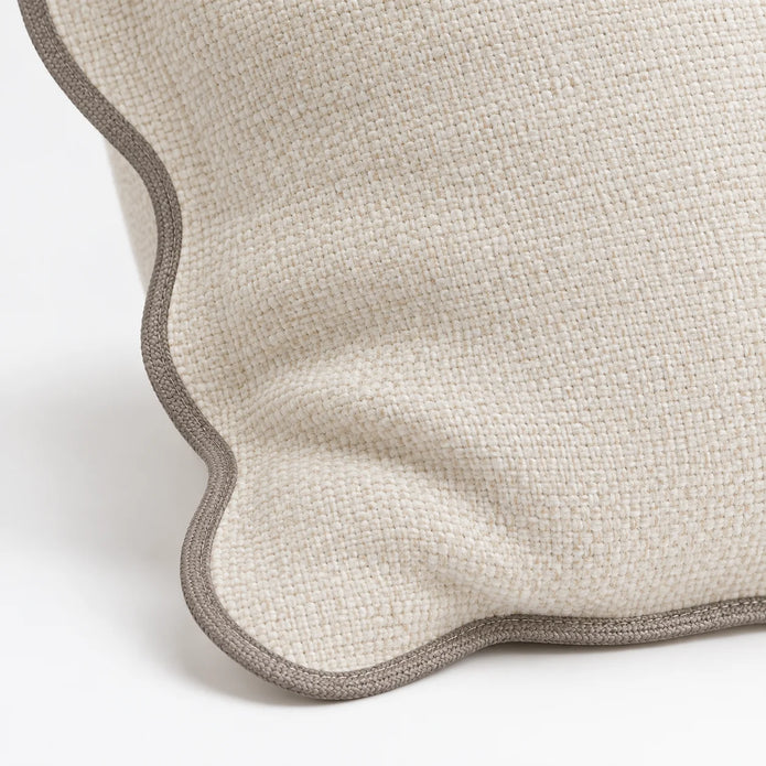 Chloe cream and greige 65 × 65 cm extra large bed cushion cover – fabric and scalloped trim close-up 3