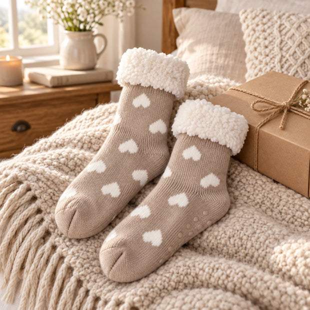 Taupe and white heart fleece-lined slipper socks styled beside a gift box