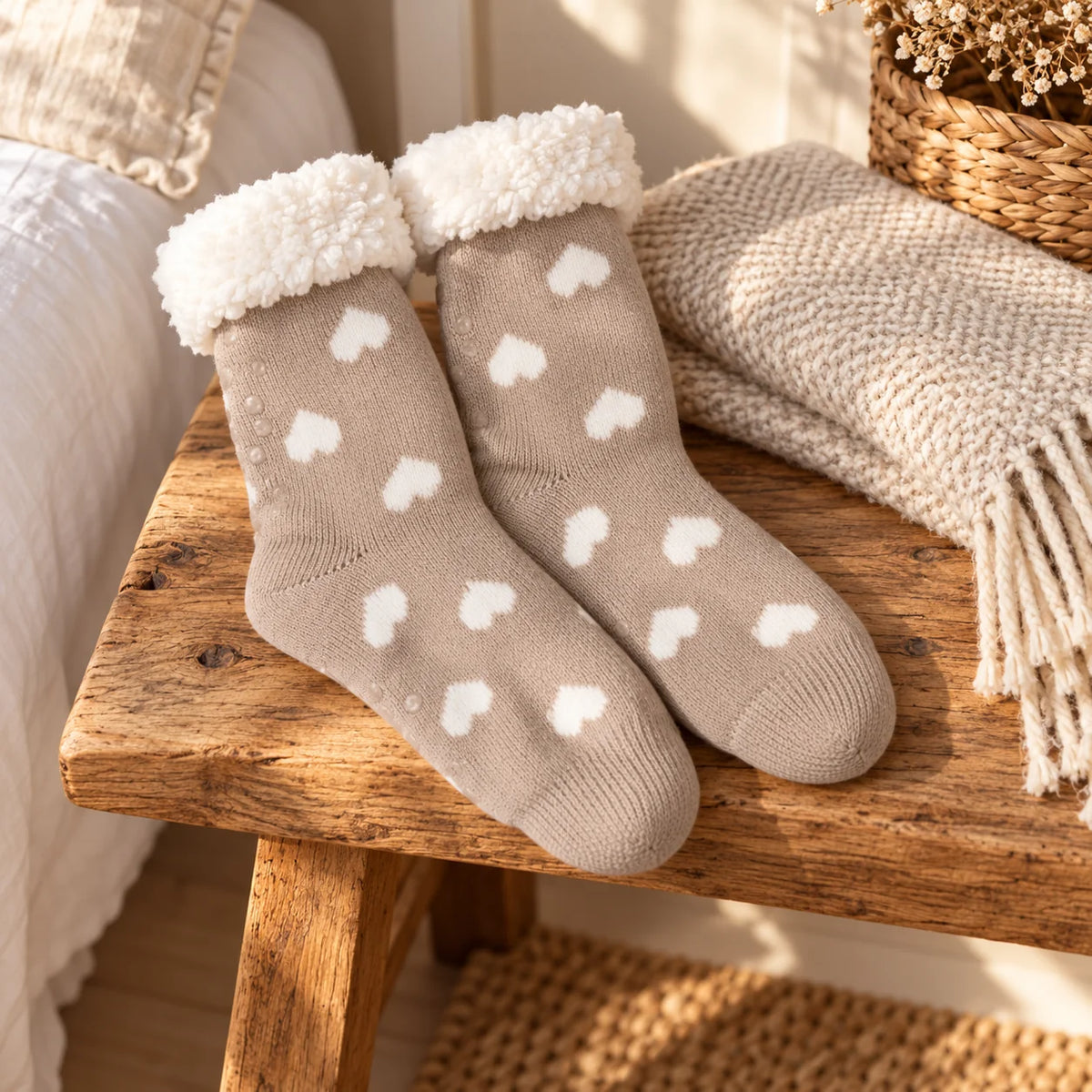 Taupe heart slipper socks with fluffy cuffs on a rustic oak bench