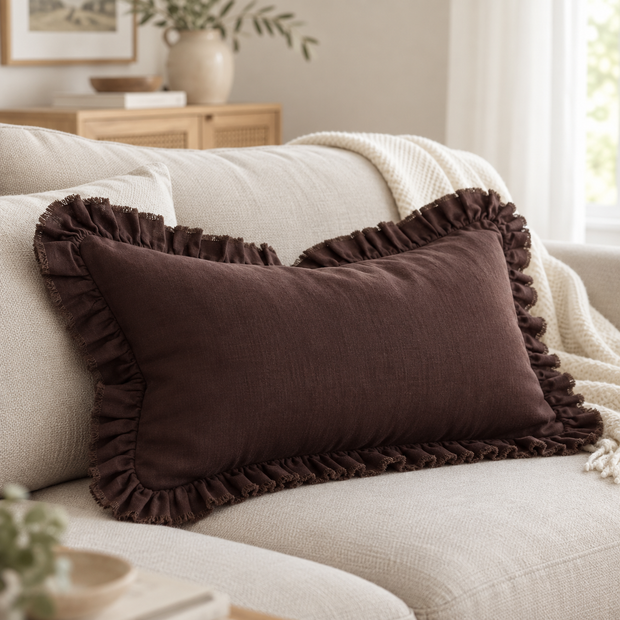 Hallie Dark Brown Ruffle Rectangle Linen Blend Cushion Cover — styled view 1
