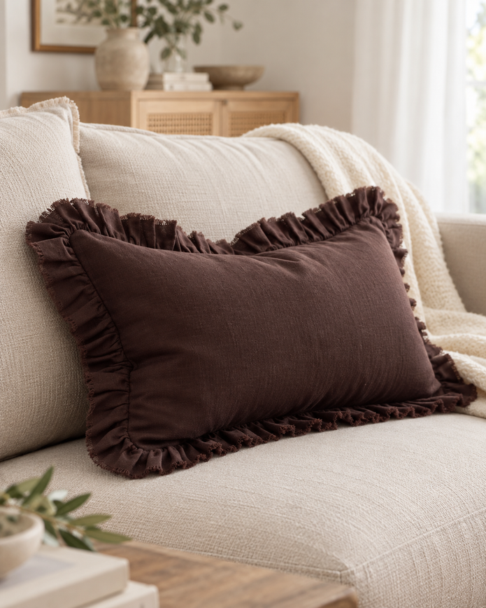 Hallie Dark Brown Ruffle Rectangle Linen Blend Cushion Cover — styled view 2
