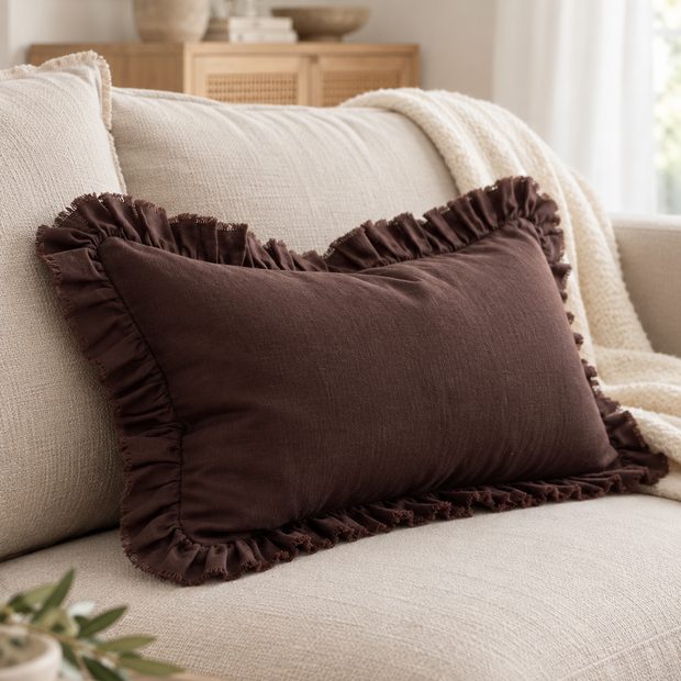 Hallie Dark Brown Ruffle Rectangle Linen Blend Cushion Cover — styled view 2