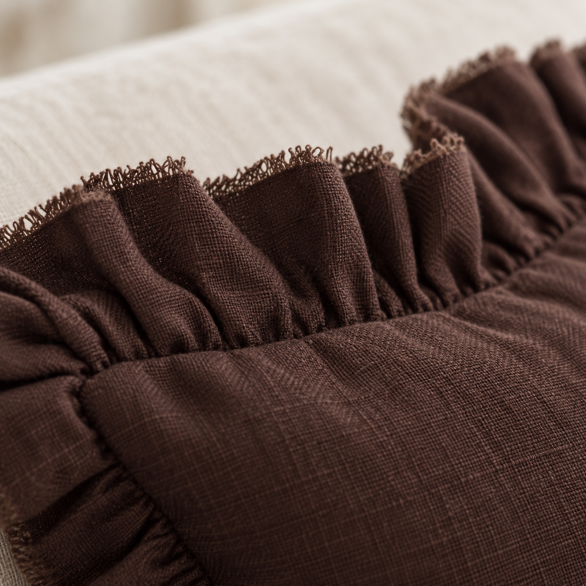 Hallie Dark Brown Ruffle Rectangle Linen Blend Cushion Cover — fabric detail 1