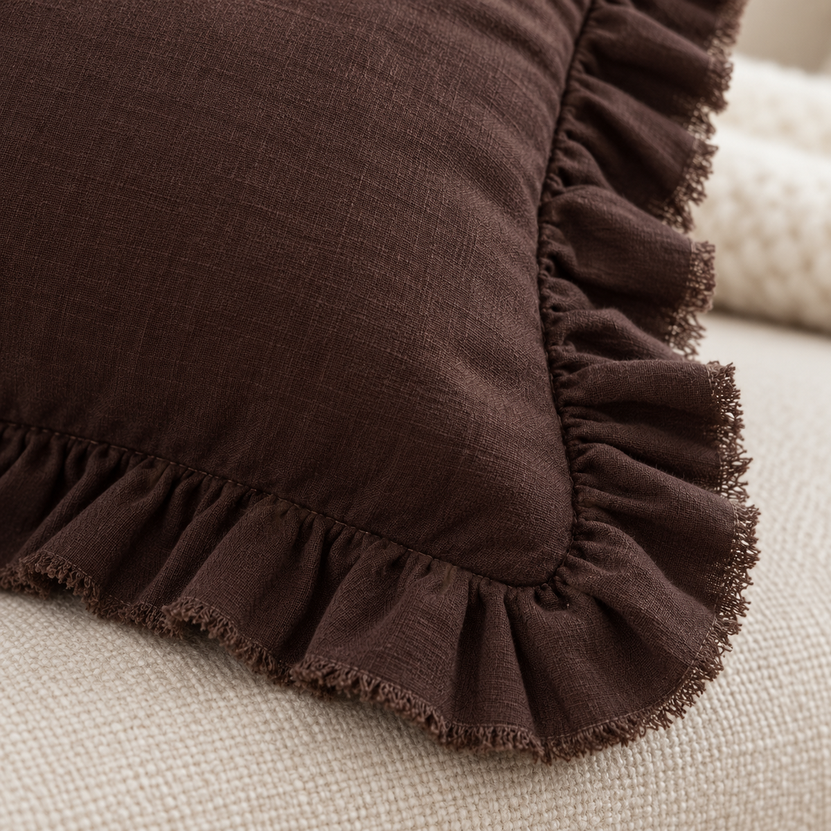 Hallie Dark Brown Ruffle Rectangle Linen Blend Cushion Cover — fabric detail 3