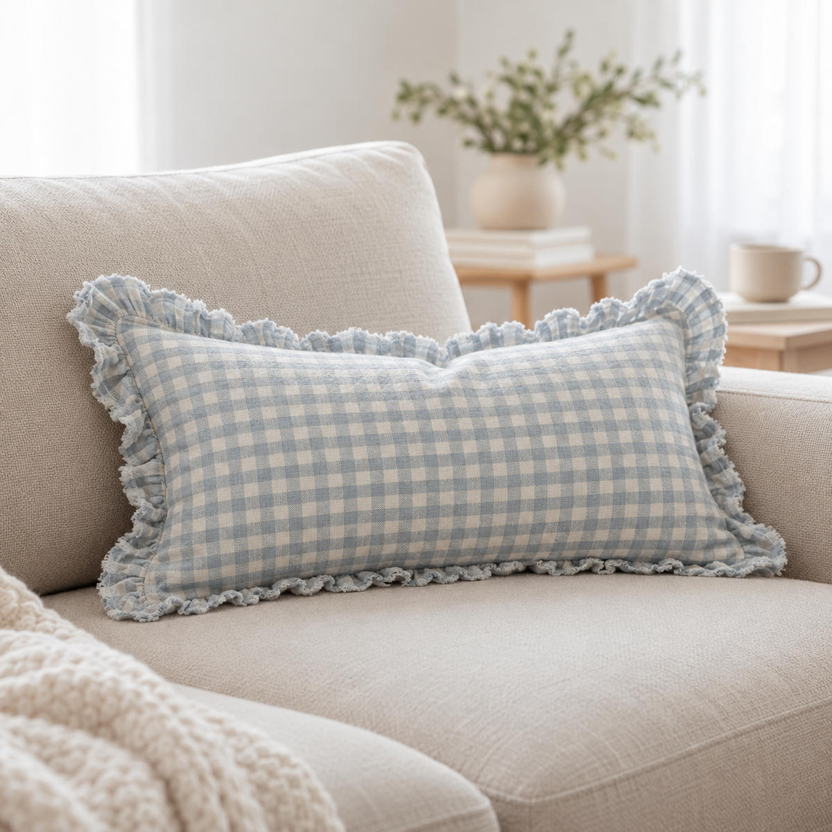 Hallie Ocean Blue Rectangle Gingham Cushion Cover — styled view 1