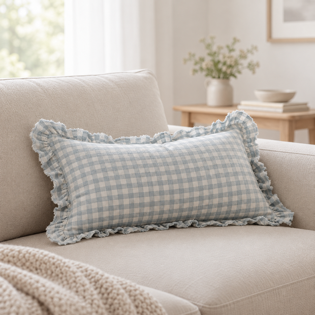 Hallie Ocean Blue Rectangle Gingham Cushion Cover — styled view 2