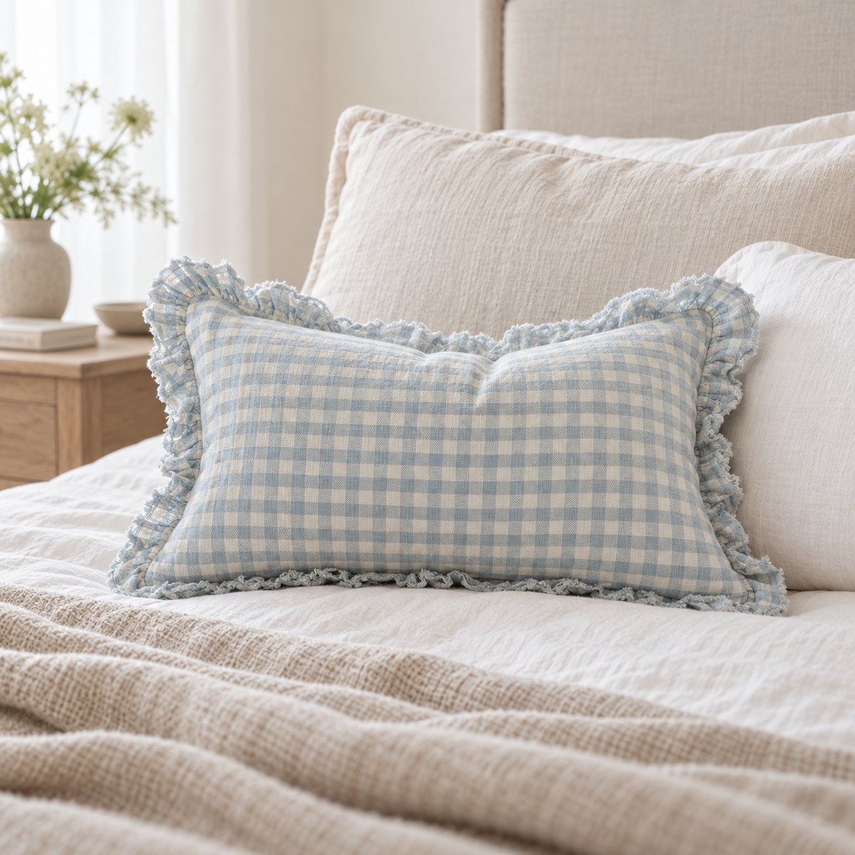 Hallie Ocean Blue Rectangle Gingham Cushion Cover — styled view 3