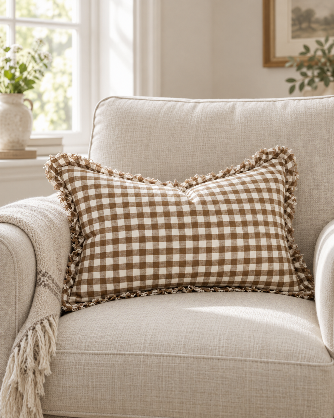 Hallie Brown Rectangle Gingham Cushion Cover — styled view 2