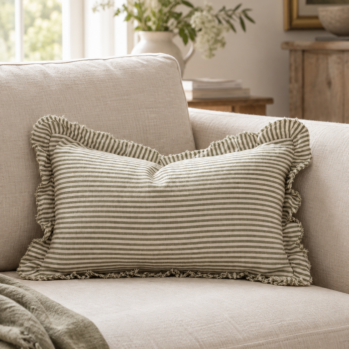 Hallie Olive Green Pinstripe Cushion Cover - Rectangle — styled view 1