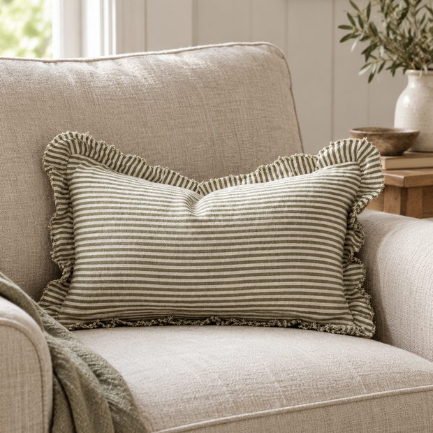 Hallie Olive Green Pinstripe Cushion Cover - Rectangle — styled view 2