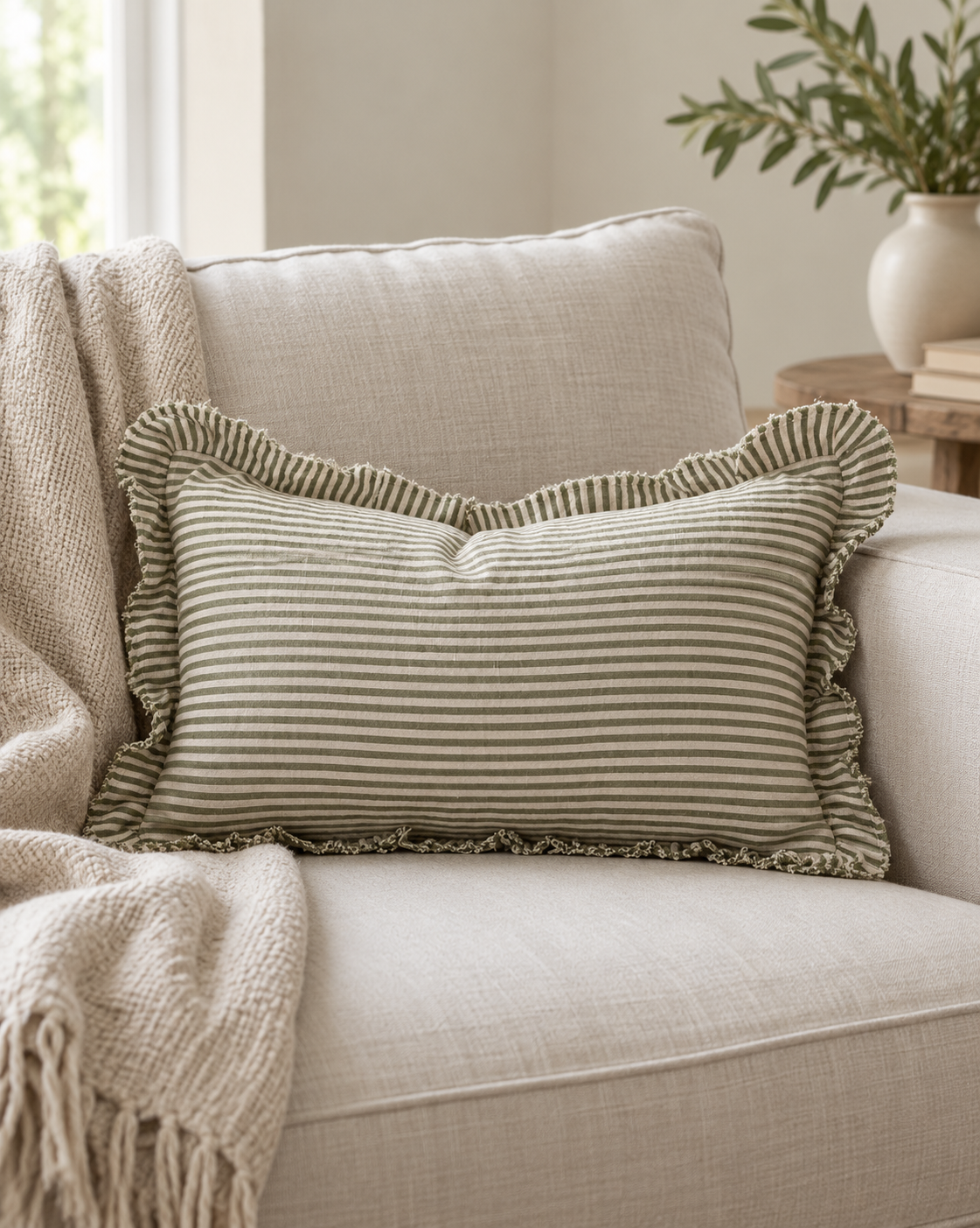 Hallie Olive Green Pinstripe Cushion Cover - Rectangle — styled view 3