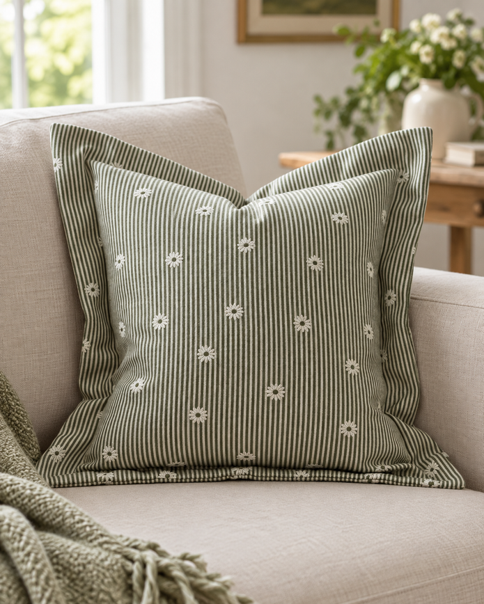 Daisy Olive Green Square Cushion Cover — styled view 1