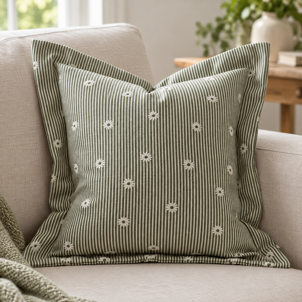 Daisy Olive Green Square Cushion Cover — styled view 1