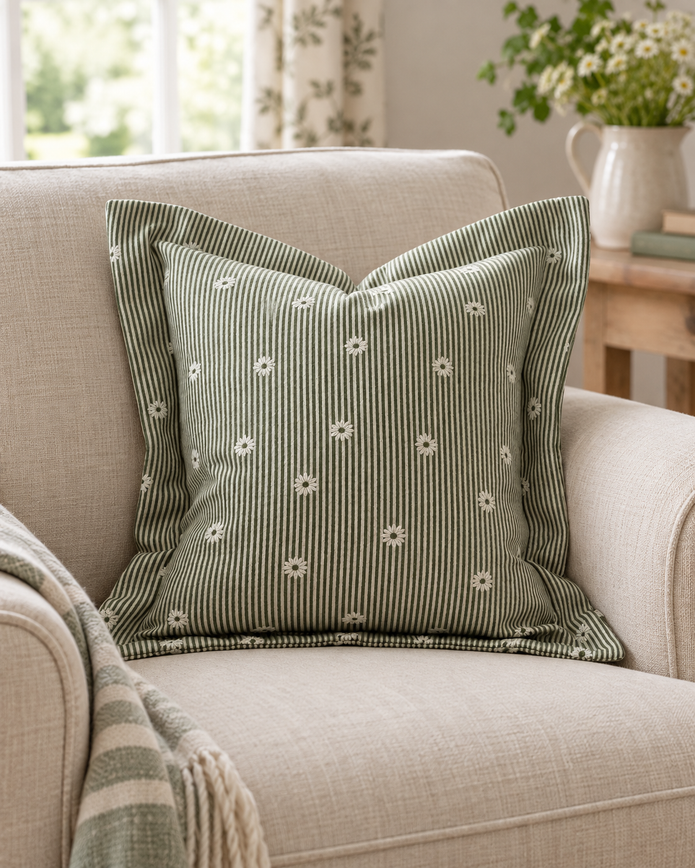 Daisy Olive Green Square Cushion Cover — styled view 2