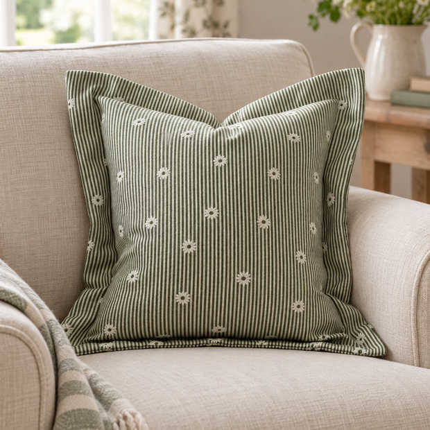 Daisy Olive Green Square Cushion Cover — styled view 2