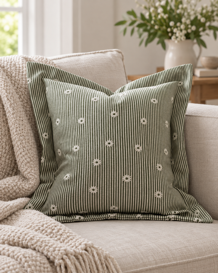 Daisy Olive Green Square Cushion Cover — styled view 3