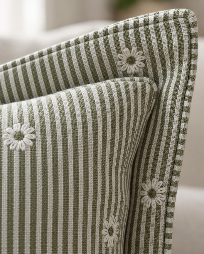 Daisy Olive Green Square Cushion Cover — fabric detail 1