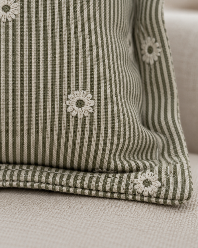 Daisy Olive Green Square Cushion Cover — fabric detail 3
