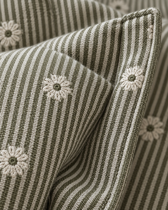 Daisy Olive Green Square Cushion Cover — fabric detail 4