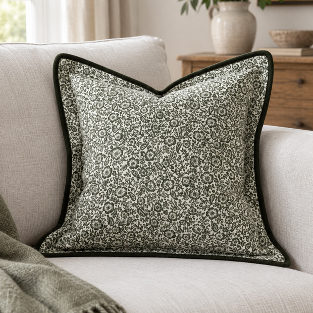 Fleur Olive Green Square Cushion Cover — styled view 1