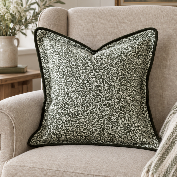 Fleur Olive Green Square Cushion Cover — styled view 2
