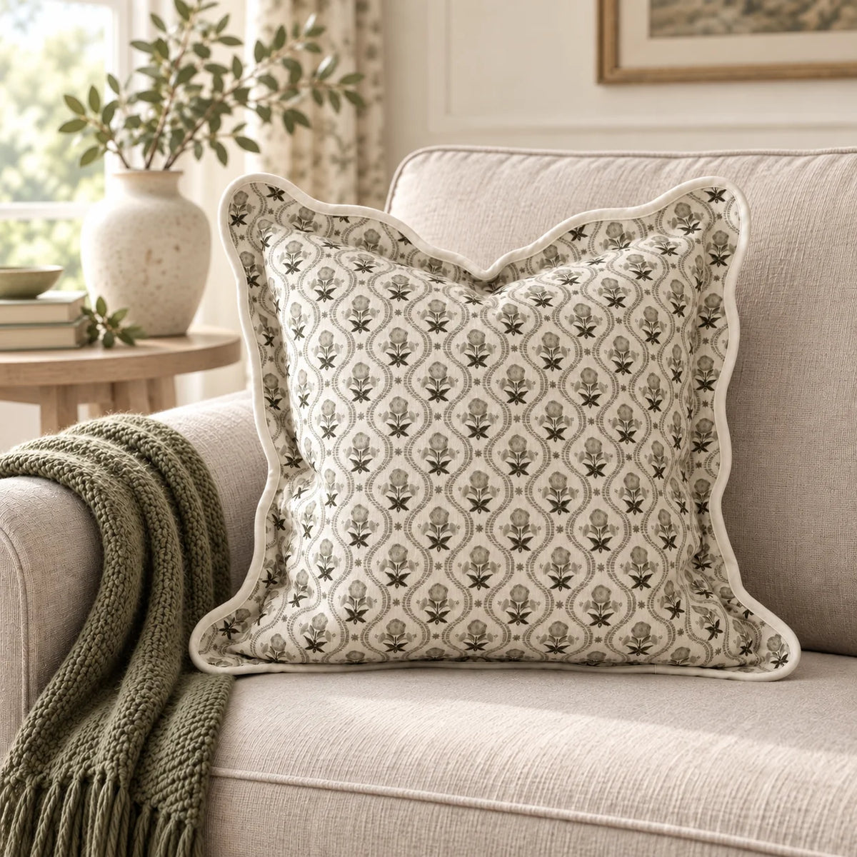 Chloe Sage Green Pattern Scalloped Square Cushion Cover — styled view 1