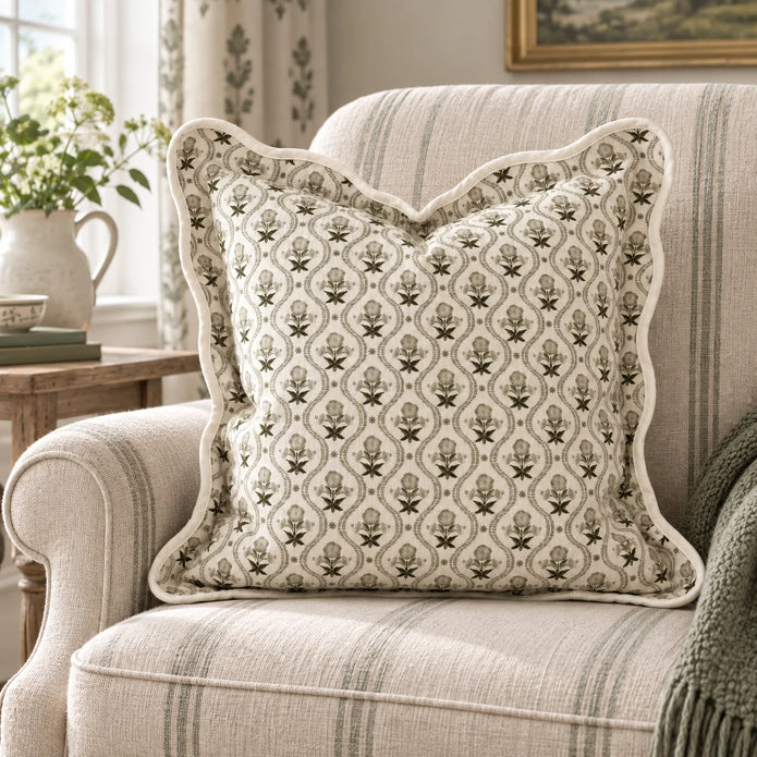 Chloe Sage Green Pattern Scalloped Square Cushion Cover — styled view 2