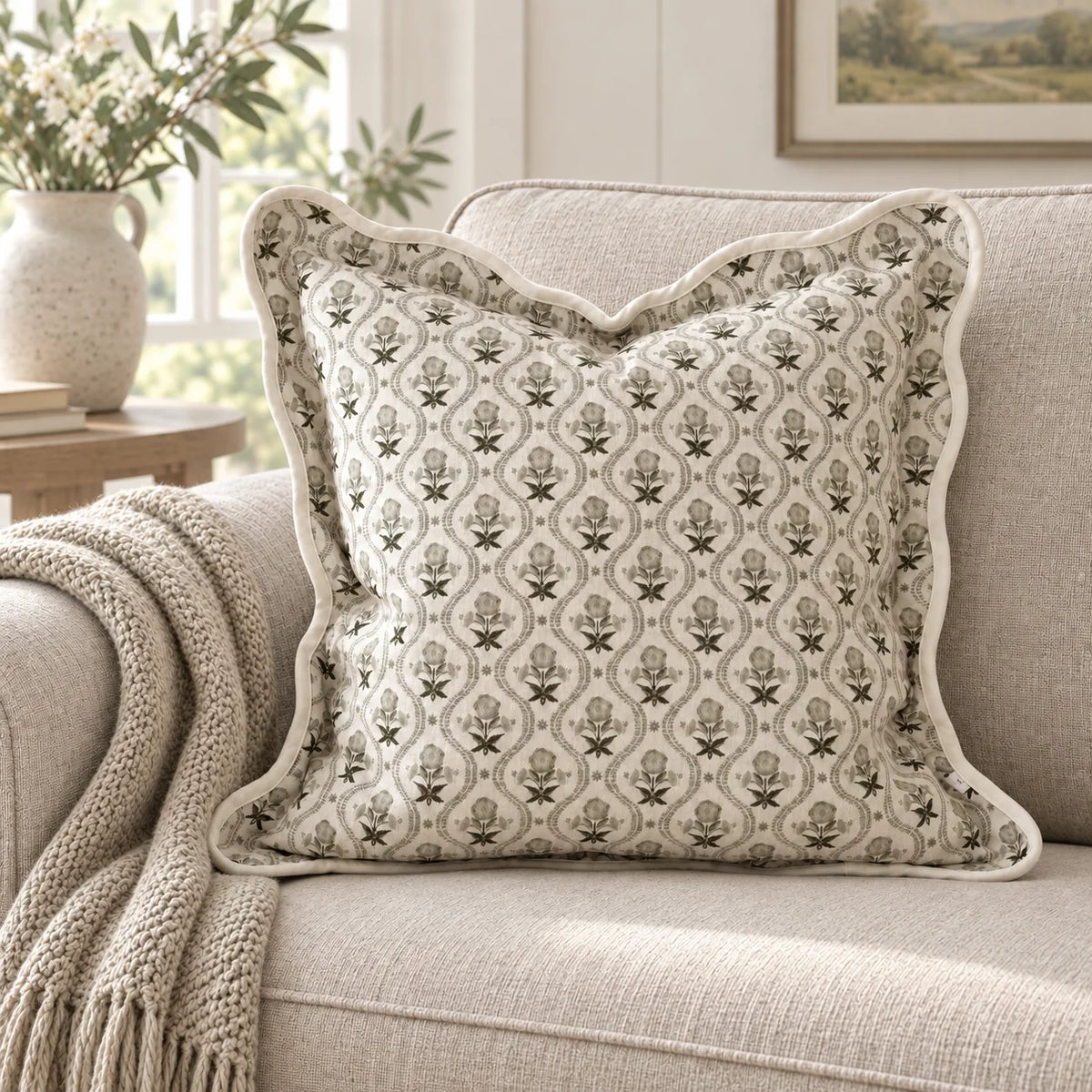 Chloe Sage Green Pattern Scalloped Square Cushion Cover — styled view 3