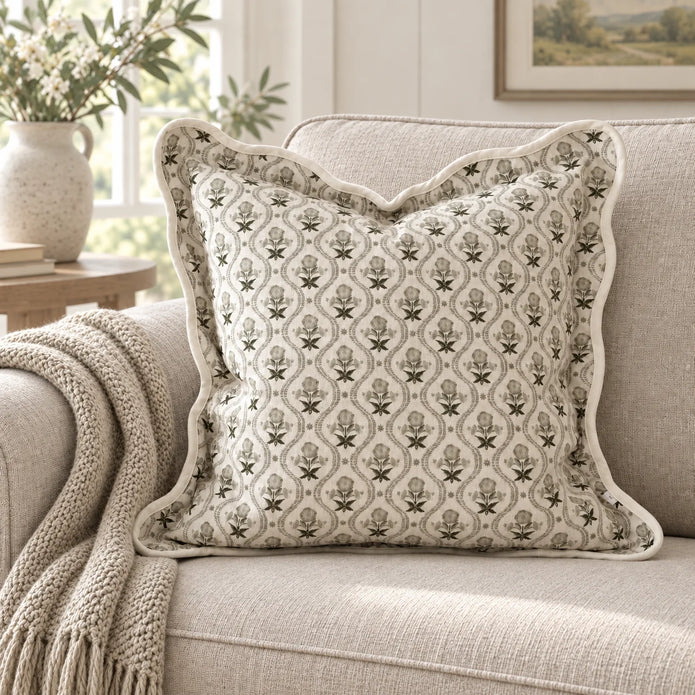 Chloe Sage Green Pattern Scalloped Square Cushion Cover — styled view 3