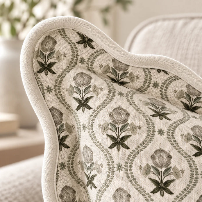 Chloe Sage Green Pattern Scalloped Square Cushion Cover — fabric detail 1