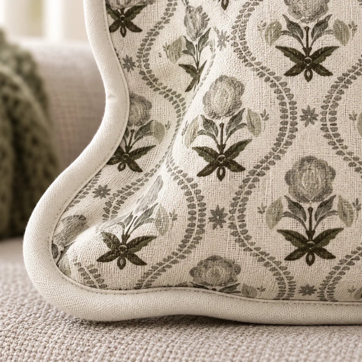 Chloe Sage Green Pattern Scalloped Square Cushion Cover — fabric detail 3