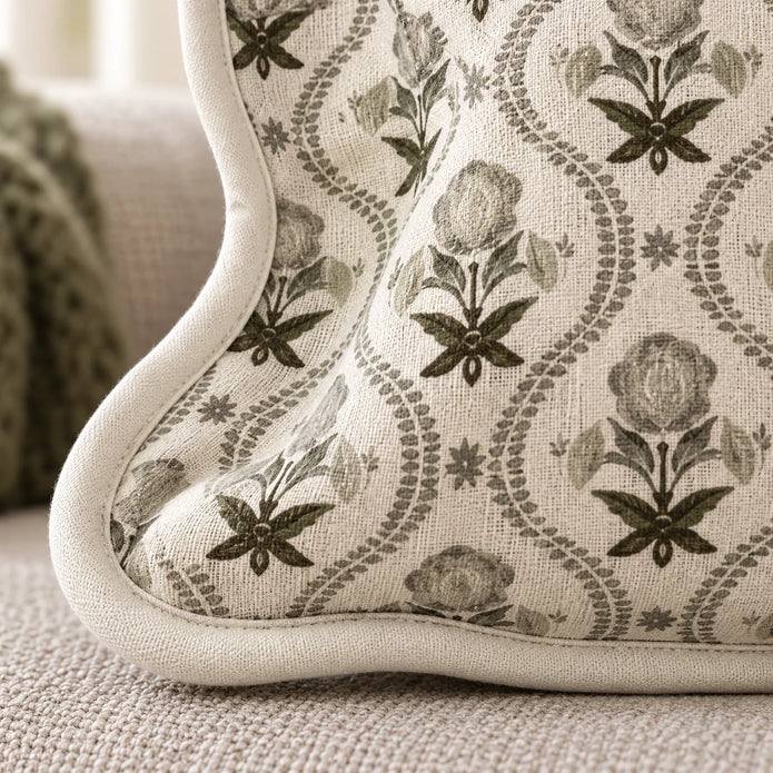Chloe Sage Green Pattern Scalloped Square Cushion Cover — fabric detail 3
