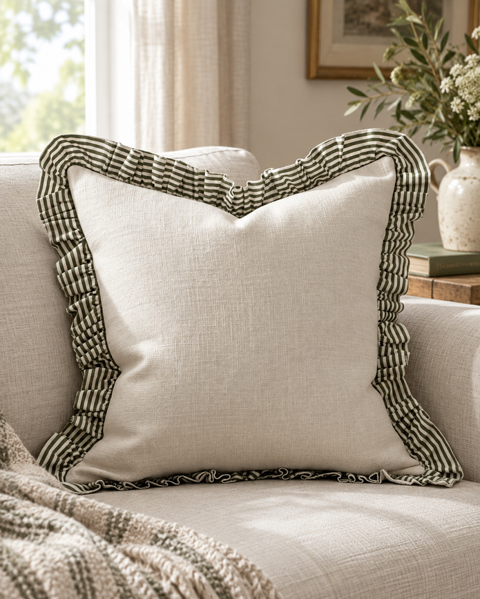 Bella Olive Green Ruffle Square Cushion Cover — styled view 1