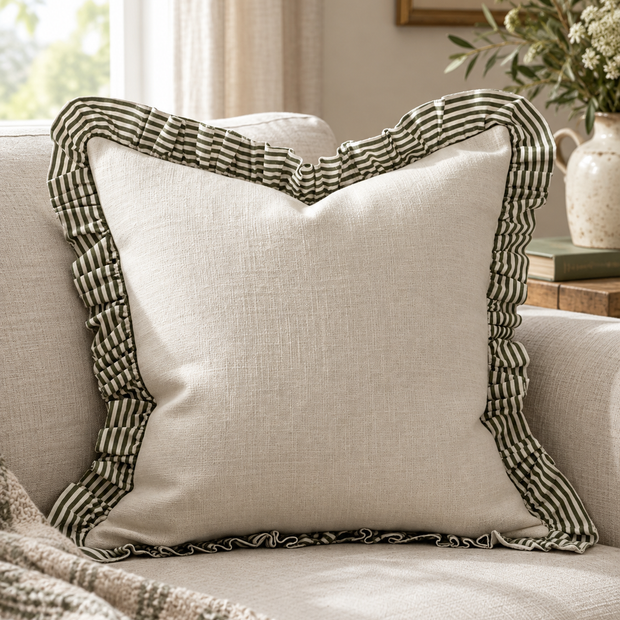 Bella Olive Green Ruffle Square Cushion Cover — styled view 1