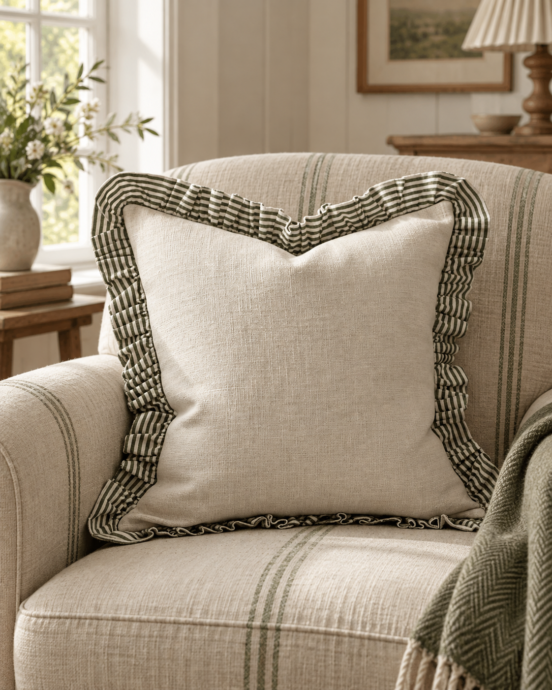 Bella Olive Green Ruffle Square Cushion Cover — styled view 2