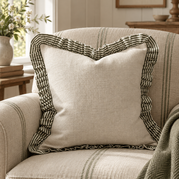 Bella Olive Green Ruffle Square Cushion Cover — styled view 2